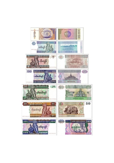 Myanmar Burma 100-50-20-10-5-1-0,50 Kyat Kağıt Para Set Çil Unc 7'li Set Koleksiyon Para