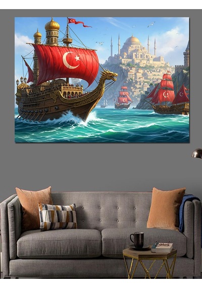 Türk Bayraklı Tarihi Gemi Dekoratif Kanvas - Mdf Ahşap Tablo