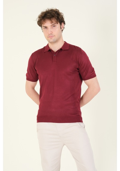 Giyim Dünyası Erkek Yanları Desenli Polo Yaka Merserize T-shirt Bordo 001