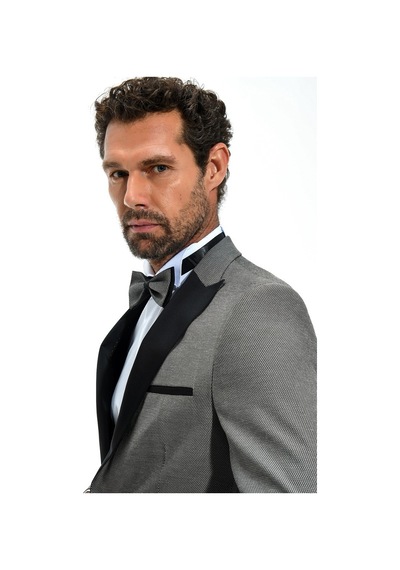 Morven Erkek Gri Portofino Slimfit Jakarlı Smokin Gri