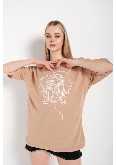 Flood Of Style Kadın Çizgili Figür Oversize Vizon T-shirt Bej