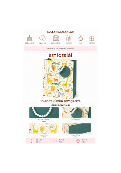 10 Adet 15.4 X 18.4 X 7.6 Cm - Safari Hayvan Desenli Küçük Boy Karton Hediye Çantası 3+