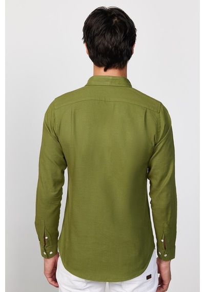 Tudors Slim Fit Uzun Kollu Biyeli Yaka Düğmeli Keten Haki Erkek Gömlek-28743-haki Haki