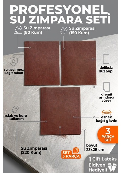 23x28 Cm Su Zımparası Seti 80 150 220 Kum 3 Parça Islak Kuru Yüzey Zımparası + 1 Çift Eldiven