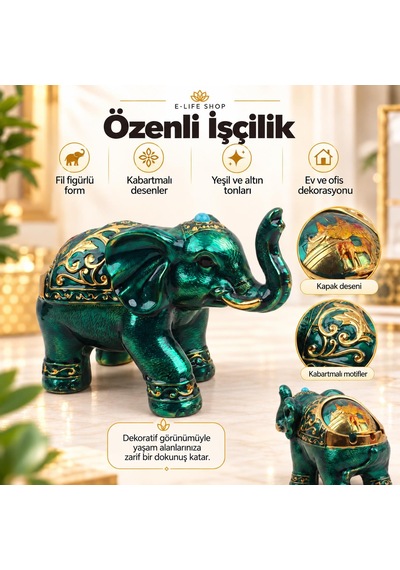 Lüks Alaşım Metal Fil Figürlü Kapaklı Dekoratif Küllük Ve Takı Saklama Kutusu Metal Biblo 18 X 12 Cm 28643038