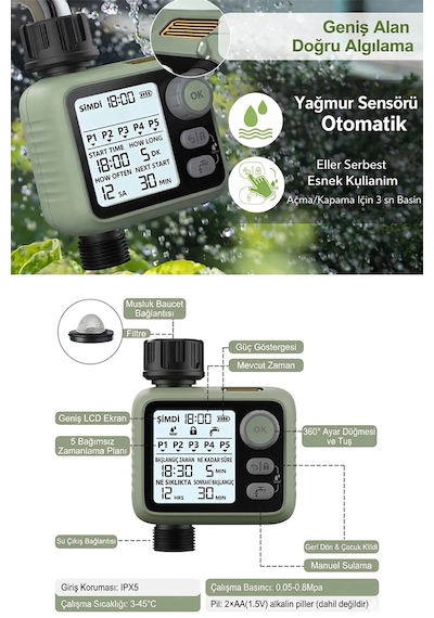 Otomatik Bahçe Sulama Zamanlayıcısı - 5 Programlı Lcd Ekranlı Akıllı Sulama Sistemi Ipx5 Su Geçirmez