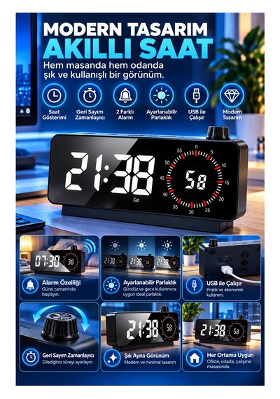 Kenly Dijital Led Çalar Saat Görsel Zamanlayıcı Geri Sayım Çift Alarm Ayarlanabilir Parlaklık Siyah