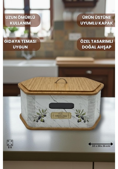 Geleneksel Tasarım Kapaklı Büyük Ekmeklik Altıgen Ahşap Ekmek Sepeti Mermer Desenli Çok Renkli