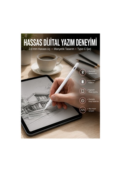 Dokunmatik Kalem Beyaz Şarjlı Yedek Uçlu Android Ve İos Uyumlu Çok Renkli