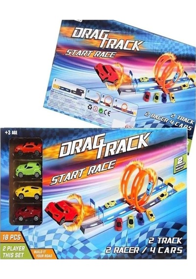 18 Parçalı 4 Arabalı Çift Şeritli Fırlatıcılı 70 Cm İkili Oyuncak Drag Yarış Pisti Seti Çok Renkli