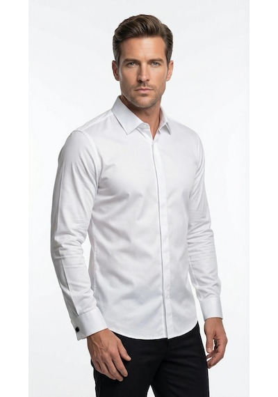 Erkek Klasik Gömlek Pamuklu Esnek Kumaş,slim Fit Uzun Kollu, Fransız Manşetli Plus Scorpion Beyaz