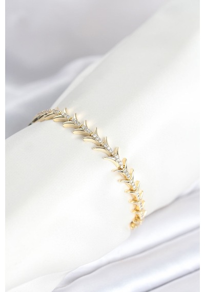 Pirinç Gold Renk Balık Sırtı Model Zirkon Taşlı Kadın Bileklik - Çok Renkli