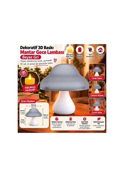 Dekoratif 3d Baskı Mantar Gece Lambası - Pilli Mum Hediyeli - Gri Beyaz