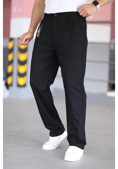 Bürke Çift Pileli Siyah Renk Beli Yarım Lastikli Kaliteli Rahat Kesim Keten Baggy Pantolon