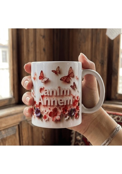 Canım Annem Kelebek Ve Çiçek Figür 3 Boyut Görsel Baskı Kupa Anlamlı Ve Duygusal Tasarım Beyaz - Kırmızı