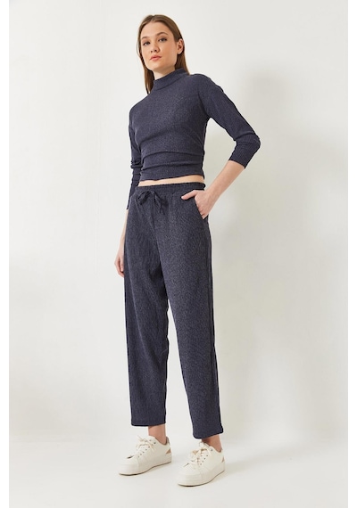 Kadın Crop Bluz Ve Beli Lastikli Pantolonlu Alt Üst Takım 60261363 - Lacivert