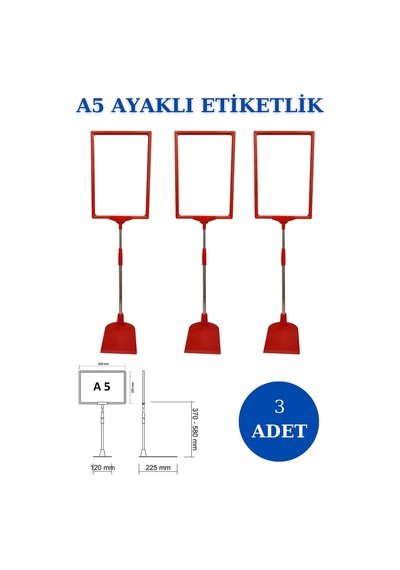 3 Adet Kırmızı A5 Ayaklı Sepet Etiketi Çerçeveli Etiketlik Kırmızı
