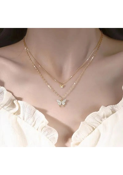 Girift Vintage Silk Kelebek Figürlü İki Katmanlı Zarif Kolye Gold