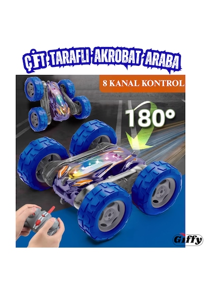 Oyuncak 2.4 Ghz Uzaktan Kumandalı Çift Taraflı Led Işıklı Şarjlı Akrobat Rc Araba 360 Takla Atan