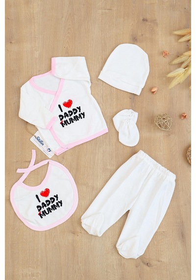 Sitilin Kız Bebek Natural Pamuk Kumaş 5 Li Hastane Çıkışı Seti Stl6794 Beyaz
