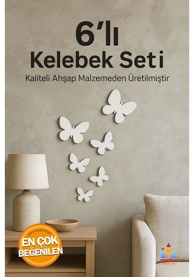 6'lı Çocuk Odası İçin Dekoratif Duvar Süsü - Çocuk Odası Kelebek Beyaz Renk Duvar Süsü - Kelebek Süs