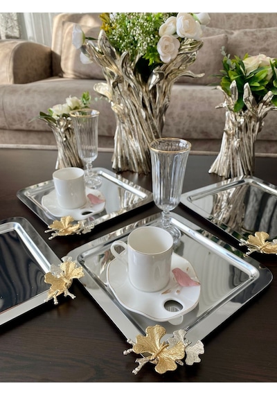 Atabey Home Collection 6 Adet Kahve & Çay & Sunum Tepsisi Metal Döküm Gümüş Tepsi Kelebek Aksesuarlı