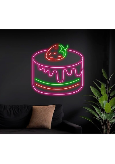 Çilekli Pasta Figürlü Neon Tabela Pembe