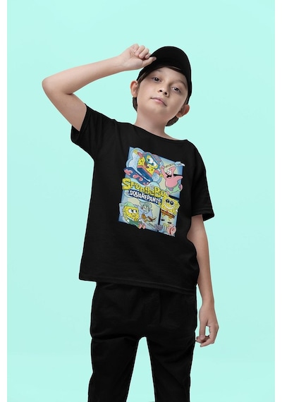 Sevbano Süngerbob Ve Patrick Baskılı Unisex Çizgi Film Çocuk Tişört 1-12 Siyah