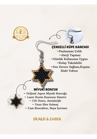 Miyuki Yıldız Küpe Kolye Seti Altın - Siyah