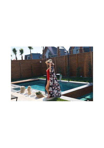 Wellway Viskon Saten Kumaş Kimono - Pareo - Sabahlık - Kuşak Dahildir - Siyah Siyah