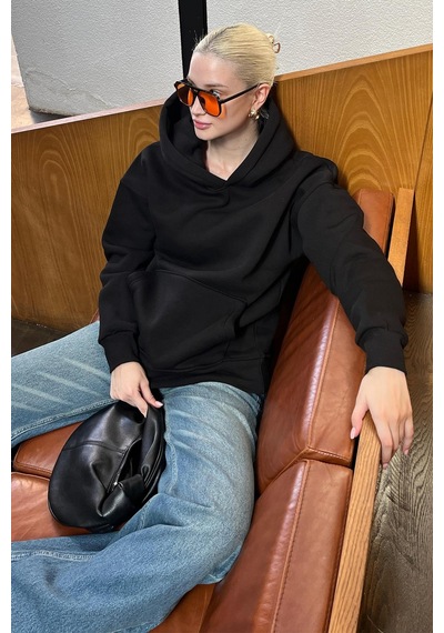 Siyah Kapüşonlu Şardonlu Oversize Cepli Sweatshirt Mg2206