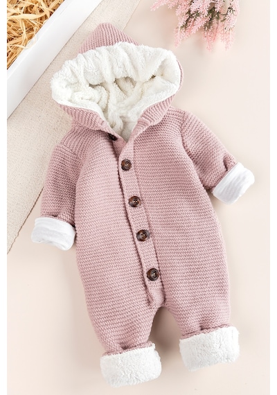 Babymod Triko Örme Welsoft Astarlı Kapüşonlu Kışlık Bebek Tulum gül kurusu