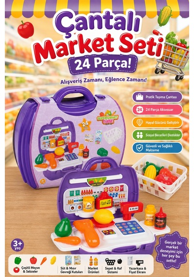 Çantalı Market Seti 24 Parça Oyuncak Yazar Kasa Ve Sebzeler Eğitici Evcilik Oyuncakları 3+ Yaş