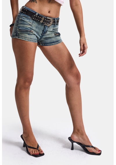 Kadın Kot Rengi Mini Kemer Dahil Özel Tasarım Denim Şort Mavi
