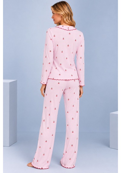 Pijamask Kadın Desenli Fiyonk Detaylı Düğmeli Uzun Kollu Müslin Pijama Takımı Pembe