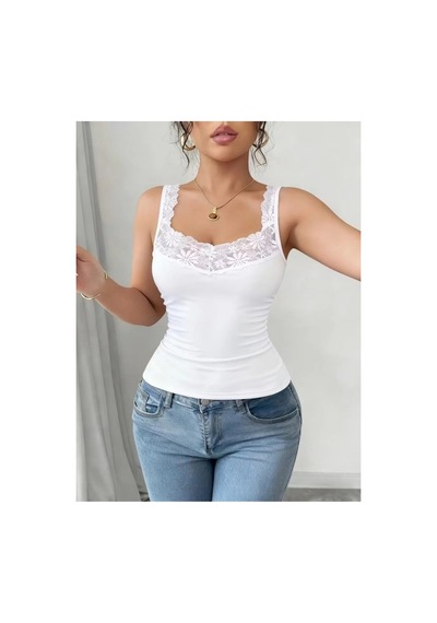 Butik İstanbul Kadın Askılı V Dantel Yakalı Viskon Bluz Beyaz