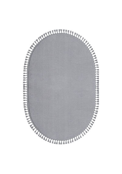 Vl Oval Comfort Overloklu Peluş Halı Beyaz Saçaklı Oval Gri