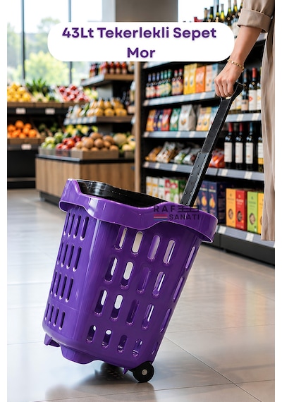 43 Lt Tekerlekli Market Sepeti Plastik Alışveriş Sepeti Ergonomik Çift Saplı Mor