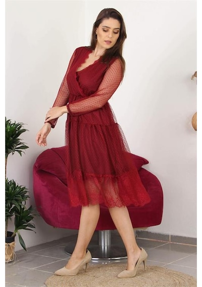 Neşeli Butik Kadın Kruvaze Yaka Eteği Güpür Detaylı Yeni Sezon Elbise Apcx10 Bordo