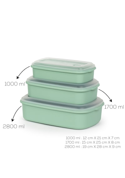 Porsima 5315 Kilitli Sızdırmaz Kapaklı Hava Tahliye Contalı Çok Amaçlı 3lü Dikdörtgen Erzak Yiyecek Saklama Kabı Seti Yeşil - 1000-1700-2800ml Yeşil