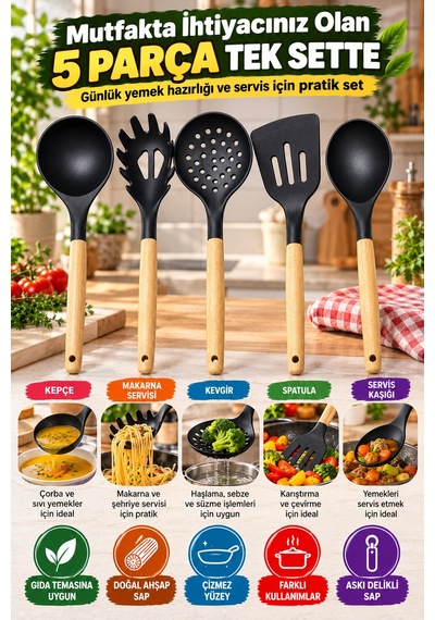 5'li Mutfak Servis Seti Ahşap Saplı 31 Cm Kepçe Kevgir Spatula Makarna Ve Servis Kaşığı Mutfak Seti