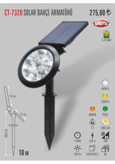 Cata Ct-7320 18w Yeşil Işık Solar Güneş Enerjili Bahçe Aydınlatma