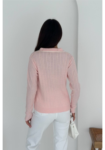 Femelle Kadın Pembe Polo Yaka Standart Beden Triko Bluz
