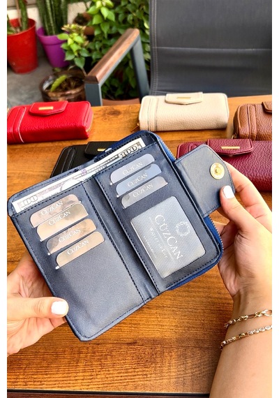 Lavinia Lacivert Vegan Deri Kadın Cüzdan Fermuarlı Ve Mıknatıslı 16x9 Cm Lacivert