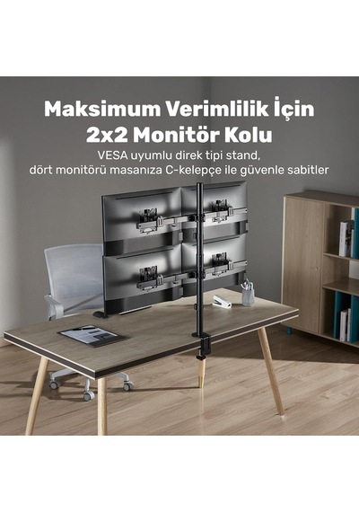 Std5704b 17-32 Dörtlü Monitör Standı, 2x2 Kurulum, Trader/yazılımcı Monitör Kolu/tutucu, 735mm Direk Yükseklik