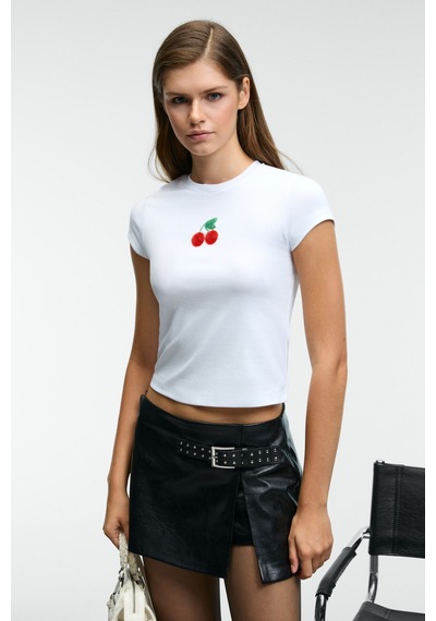 ETHIQUET ZEFIRA Kadın Bisiklet Yaka Kısa Kollu Önü Boncuk İşleme Detaylı Slim Beyaz T-Shirt
