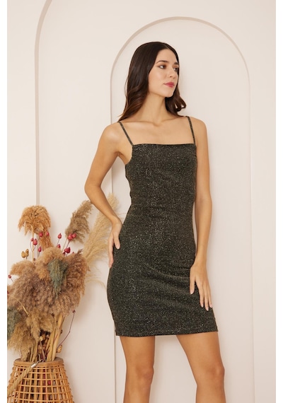 Darlin Moda Kadın Siyah Gold Simli Sırt Dekolteli Mini Elbise Dm1036 Siyah