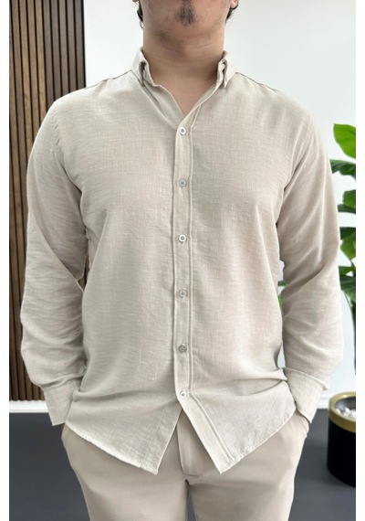 Edwox Erkek Keten Karışımlı Slim Fit Gömlek Bej Edw499