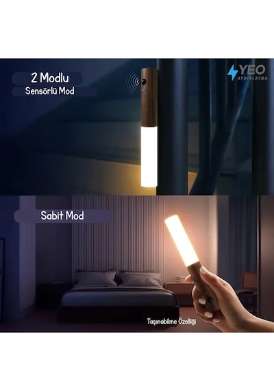 Sensörlü Usb Şarjlı Mıknatıslı Taşınabilir Ahşap Görünümlü Duvar Aplik Çok Renkli