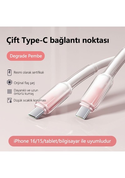 Buz Kristal Dokuma 65w Hızlı Şarj Kablosu 1 Metre Type C Bağlantılı 100 Cm